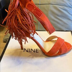 Nine West Orange Suede Fringe Ankle-Strap Heels